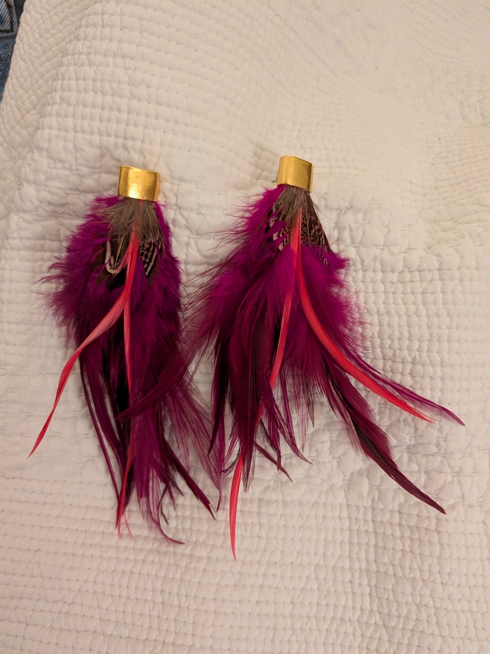 Mignonne Gavigan Fuchsia and Coral Feather Drop Earrings with Gold Caps